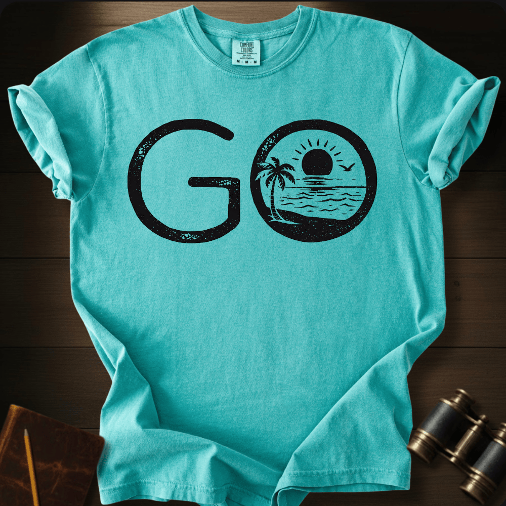 Full Sail Marine Go! tropical beach palm tree graphic Comfort Colors t-shirt in chalky mint – GO text with sunset ocean scene – front view
