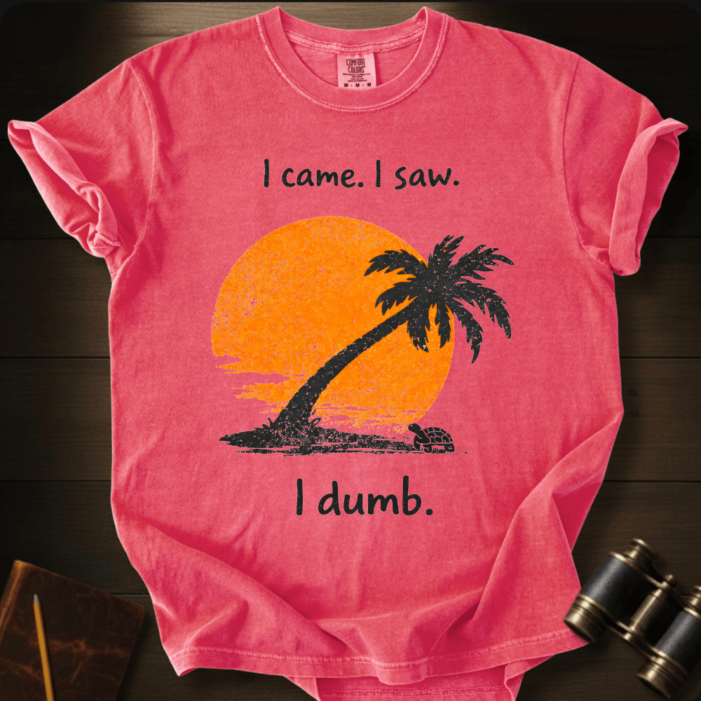 Full Sail Marine I Came I Saw I Dumb sunset palm tree graphic Comfort Colors t-shirt in Watermelon – orange sun with palm tree silhouette beach scene funny text design – front view