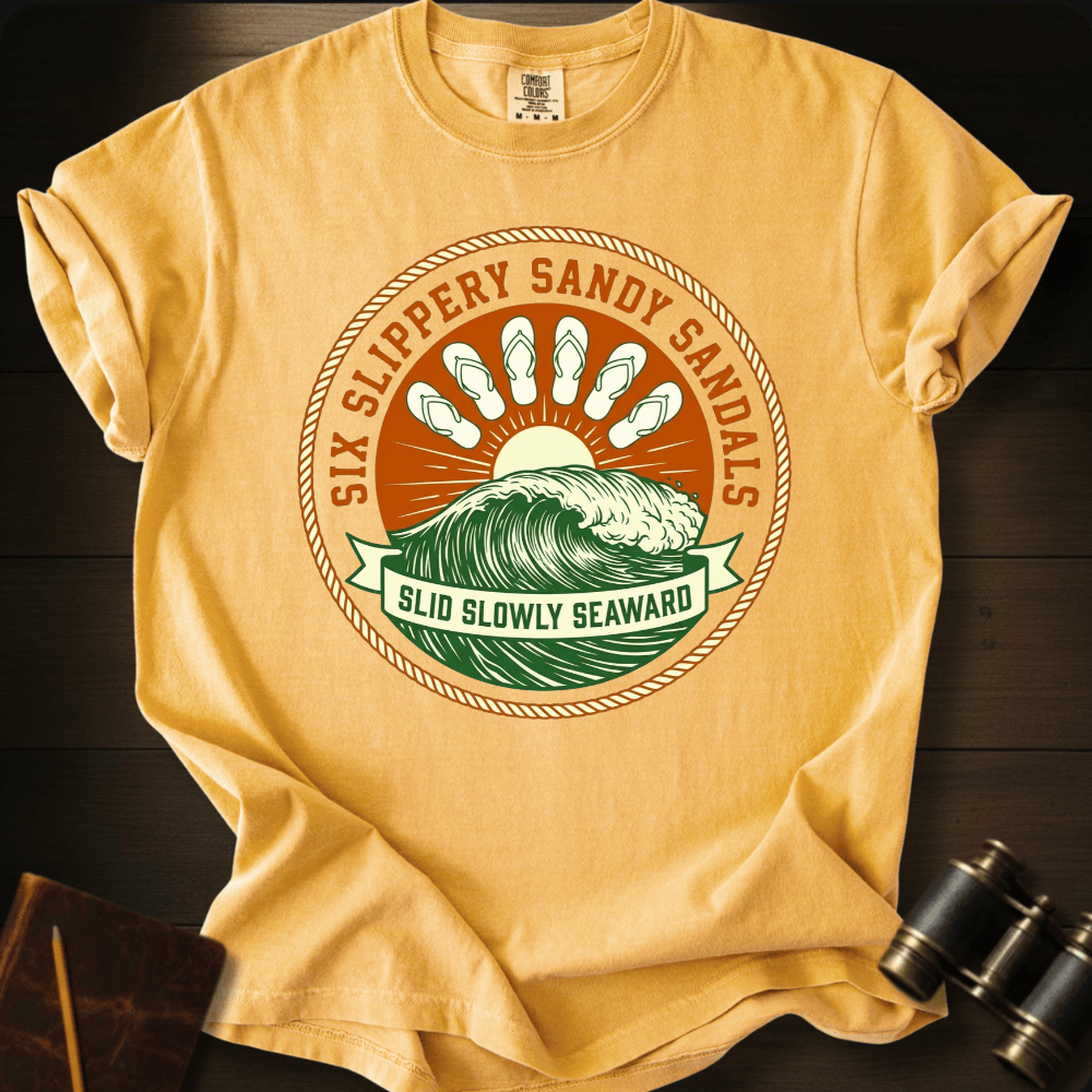 Six Slippery Sandals beach graphic on a Comfort Colors unisex tee – Full Sail Marine coastal apparel