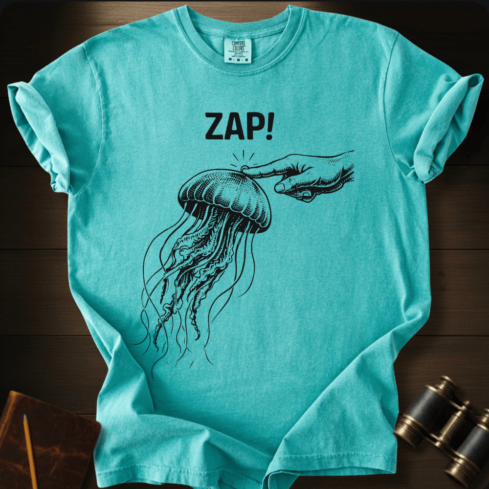 Full Sail Marine Zap! jellyfish graphic Comfort Colors t-shirt in chalky mint – navy jellyfish being touched by hand with ZAP text design – front view