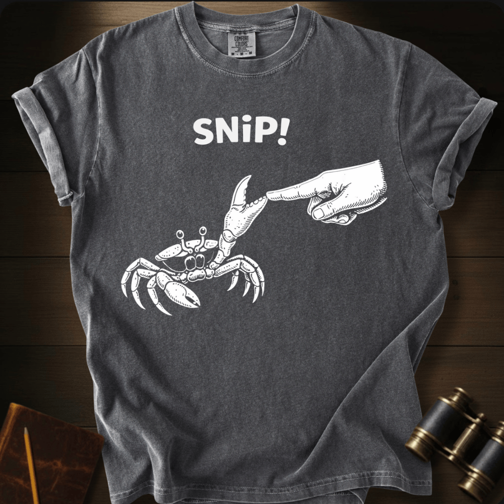 Full Sail Marine Snip! crab and hand graphic Comfort Colors t-shirt in pepper – white crab claw snipping hand with SNiP text design – front view