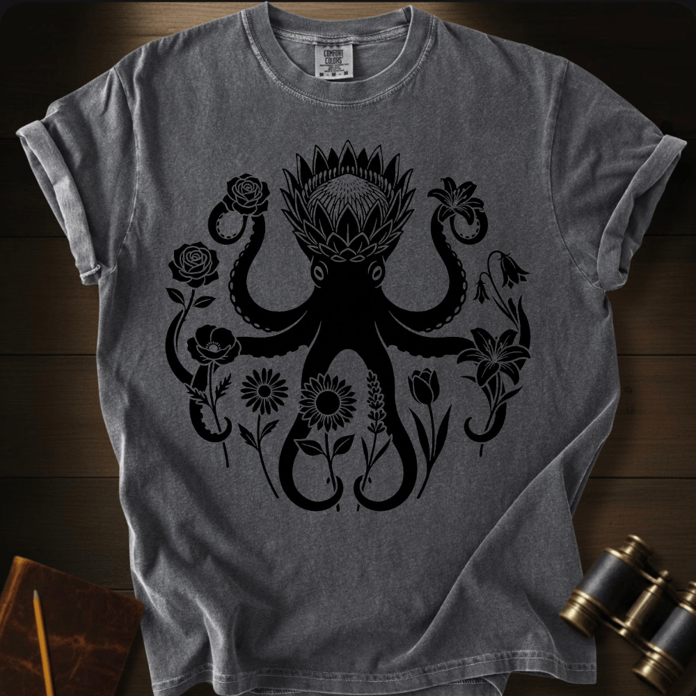 Full Sail Marine Wild Bloom Kraken floral octopus graphic Comfort Colors t-shirt in pepper – botanical kraken ocean art design – front view