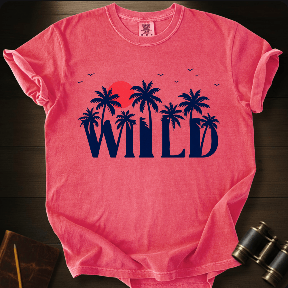 Full Sail Marine Wild palm trees and sunset graphic Comfort Colors t-shirt in watermelon – tropical WILD text with red sun and birds design – front view