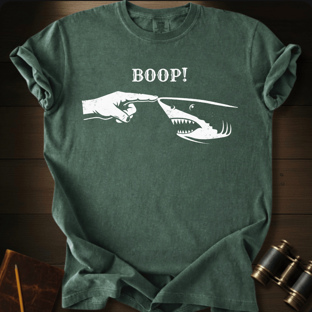 Full Sail Marine Boop shark nose touch graphic Comfort Colors t-shirt in Blue Spruce – great white shark booping finger ocean art funny design – front view
