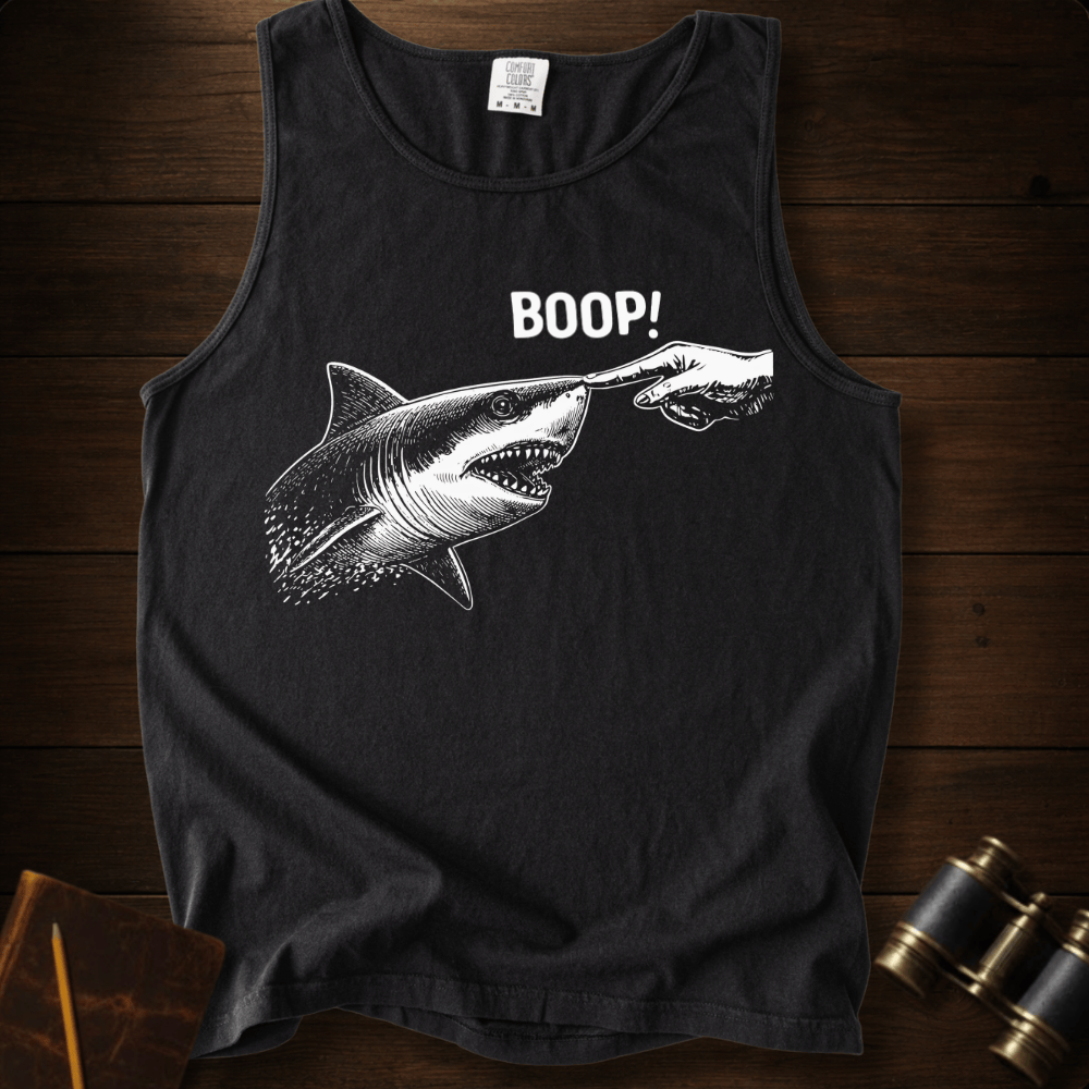 Full Sail Marine Boop shark nose touch graphic Comfort Colors tank top in Black – great white shark booping finger ocean art funny design – front view