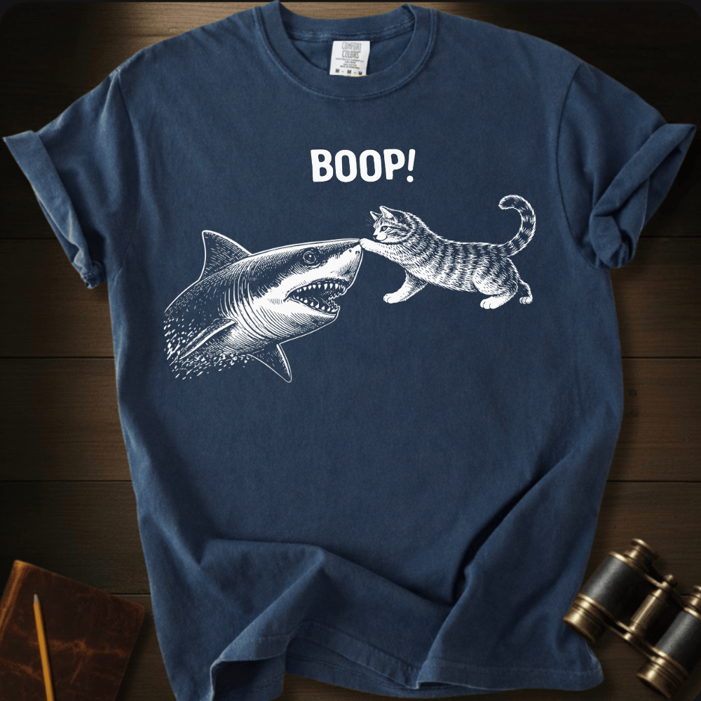 Full Sail Marine Cat Boop shark graphic Comfort Colors t-shirt in navy blue – cat booping great white shark nose – front view