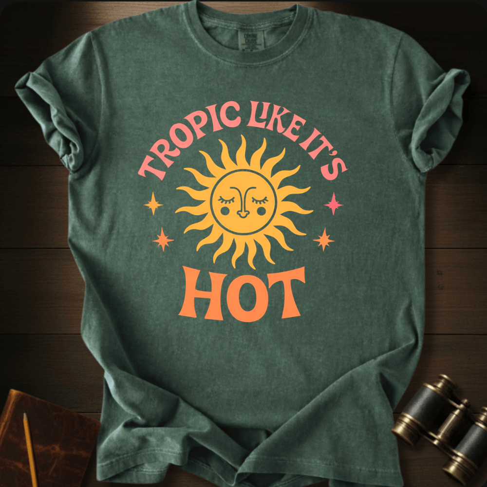 Full Sail Marine Tropic Like Its Hot sun face graphic Comfort Colors t-shirt in Hemp – retro sunshine with sparkle stars tropical summer text design – front view