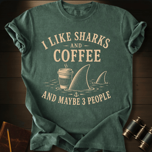I Like Sharks and Coffee humor graphic on a Comfort Colors t-shirt – Full Sail Marine ocean apparel