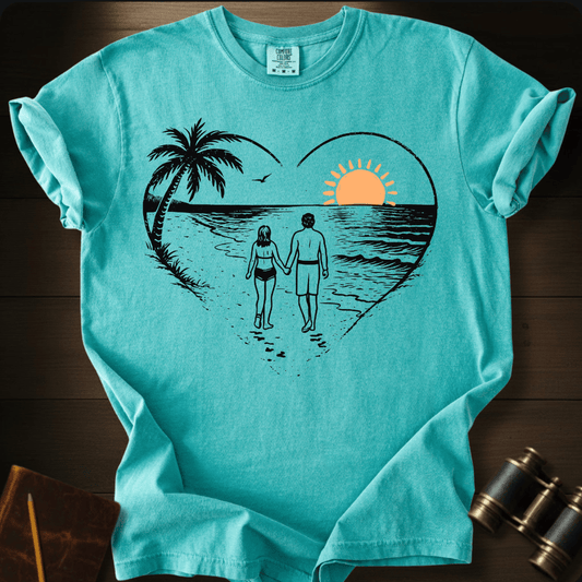 Full Sail Marine Sunset Walk beach couple heart graphic Comfort Colors t-shirt in chalky mint – romantic sunset palm tree ocean scene – front view