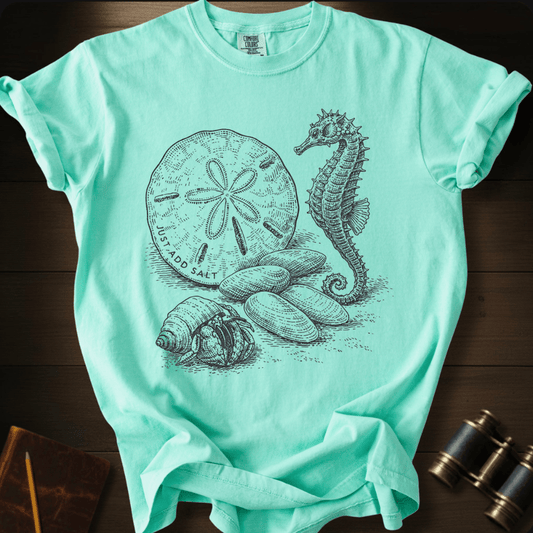 Full Sail Marine Sea Treasures seahorse seashells sand dollar graphic Comfort Colors t-shirt in Island Reef – detailed ocean illustration with Just Add Salt text design – front view