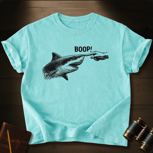 Full Sail Marine Boop shark nose touch graphic Comfort Colors women's boxy tee in chalky mint – great white shark booping finger ocean art funny design – front view