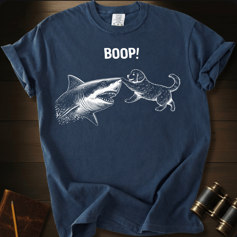 Full Sail Marine Puppy Boop shark graphic Comfort Colors t-shirt in navy blue – puppy booping great white shark nose – front view