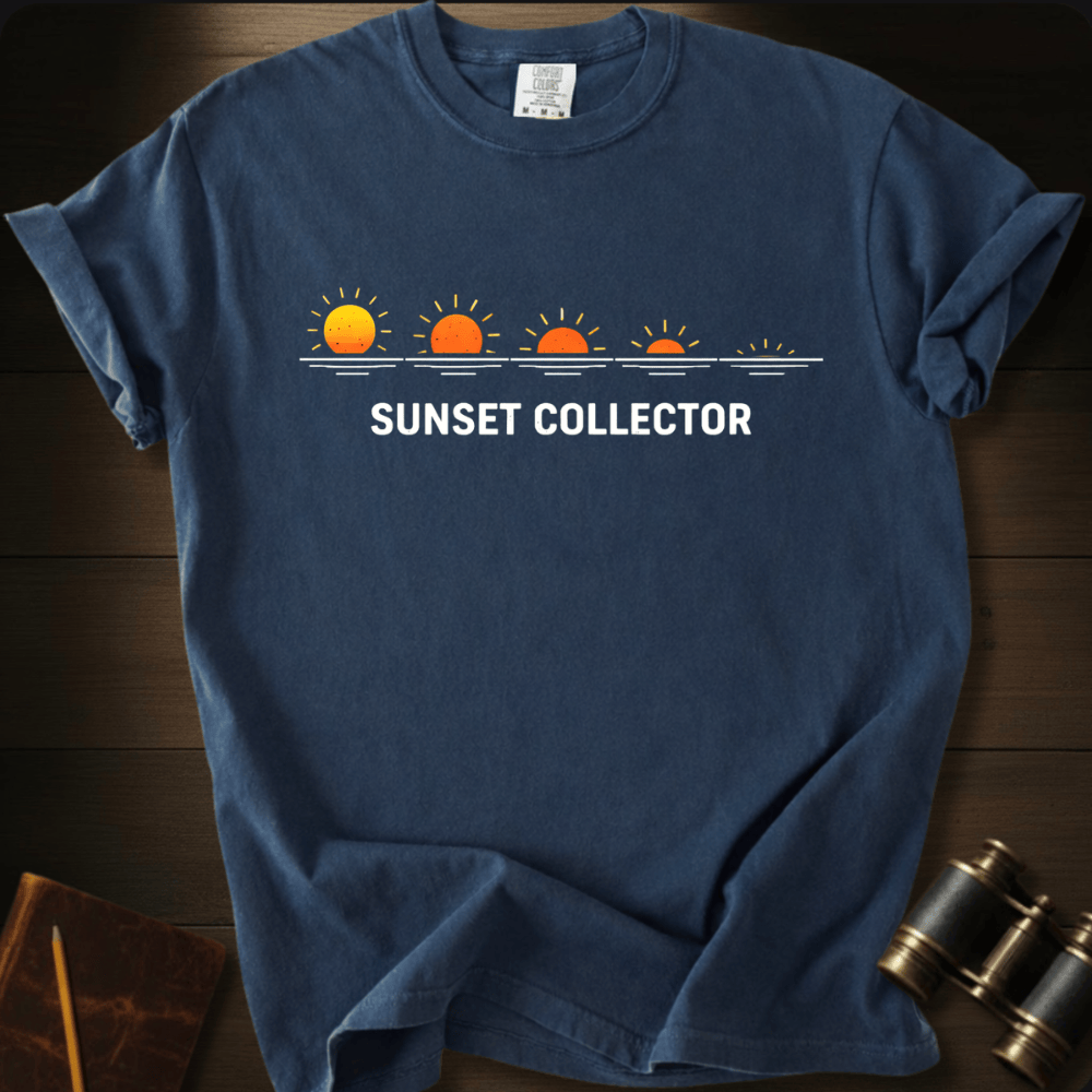 Sunset Collector beach sunset graphic on a Comfort Colors unisex tee – Full Sail Marine coastal apparel