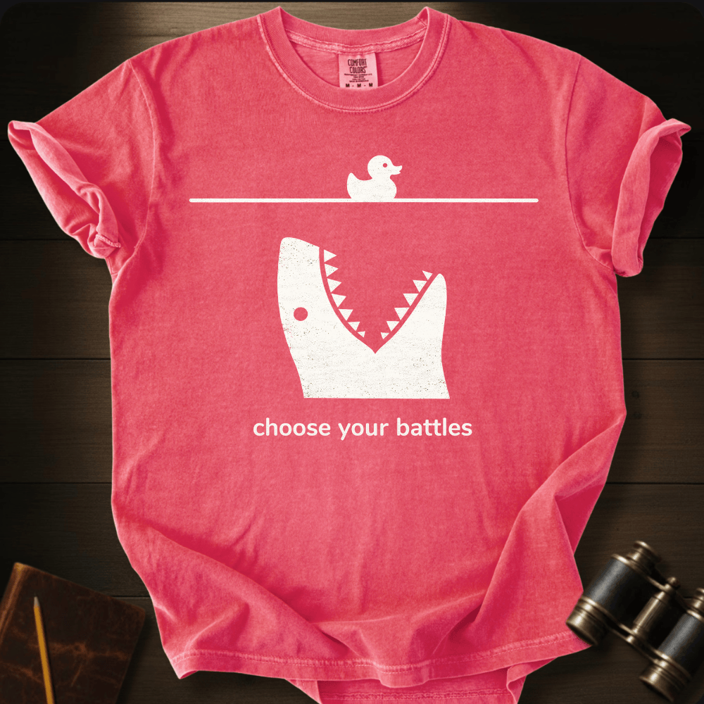 Full Sail Marine Choose Your Battles rubber duck and shark jaw funny graphic Comfort Colors t-shirt in watermelon – humorous ocean predator design – front view