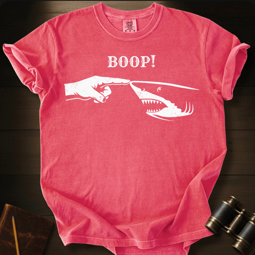 Full Sail Marine Boop shark nose touch graphic Comfort Colors t-shirt in Watermelon – great white shark booping finger ocean art funny design – front view