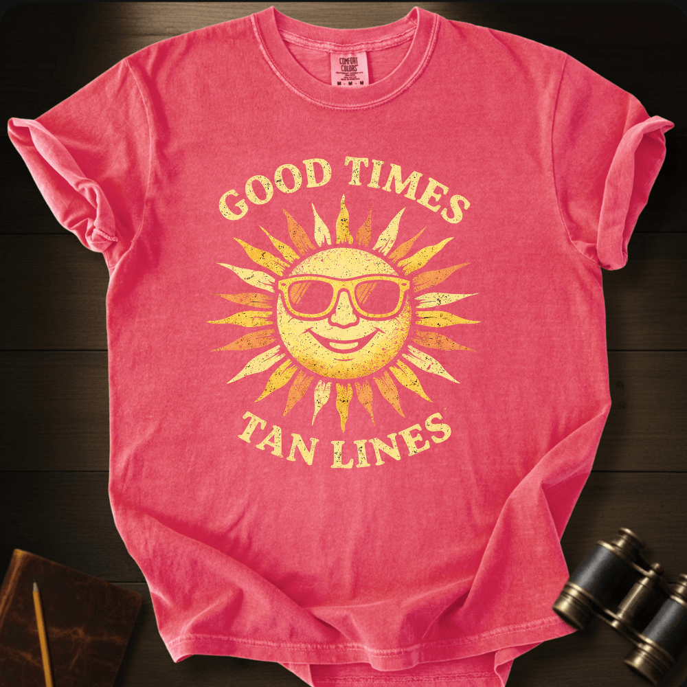 Full Sail Marine Good Times Tan Lines sun with sunglasses graphic Comfort Colors t-shirt in watermelon – retro smiling sun wearing shades with Good Times Tan Lines text design – front view