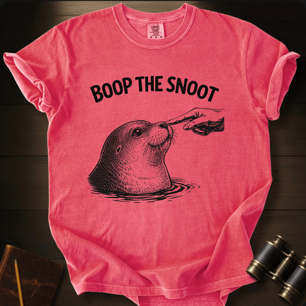 Full Sail Marine Boop the Snoot seal graphic Comfort Colors t-shirt in watermelon pink – navy seal being booped on nose by hand with BOOP THE SNOOT text design – front view