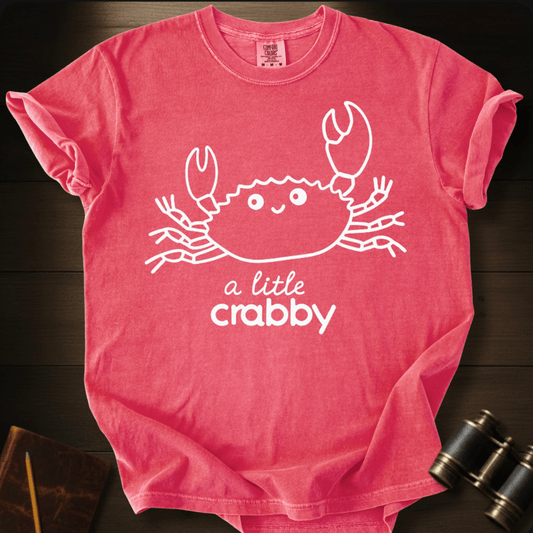 Full Sail Marine A Little Crabby cute crab cartoon graphic Comfort Colors t-shirt in watermelon – funny beach humor design – front view