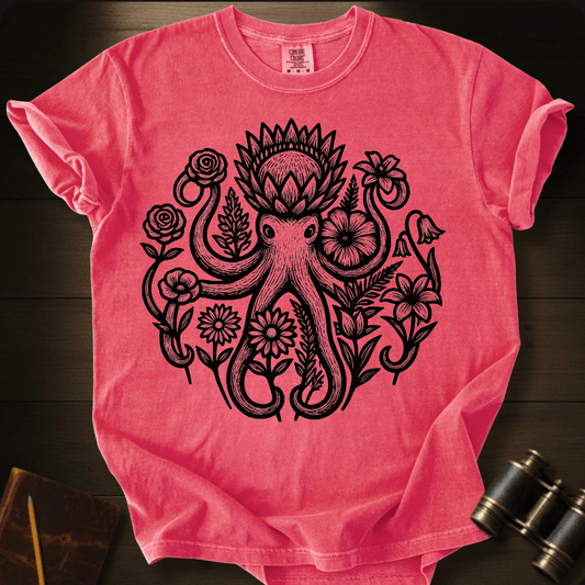 Full Sail Marine Savage Bloom floral octopus graphic Comfort Colors t-shirt in watermelon – detailed botanical kraken ocean art design – front view