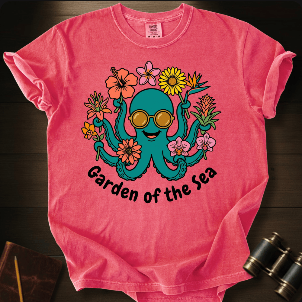 Full Sail Marine Garden of the Sea colorful octopus with sunglasses and flowers graphic Comfort Colors t-shirt in watermelon – tropical ocean art design – front view