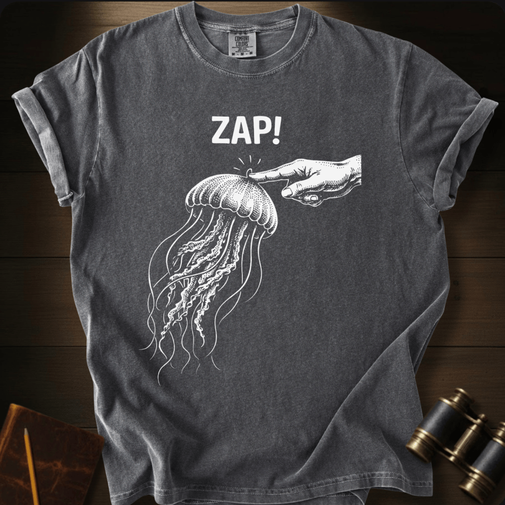 Full Sail Marine Zap! jellyfish graphic Comfort Colors t-shirt in pepper gray – white jellyfish being touched by hand with ZAP text design – front view