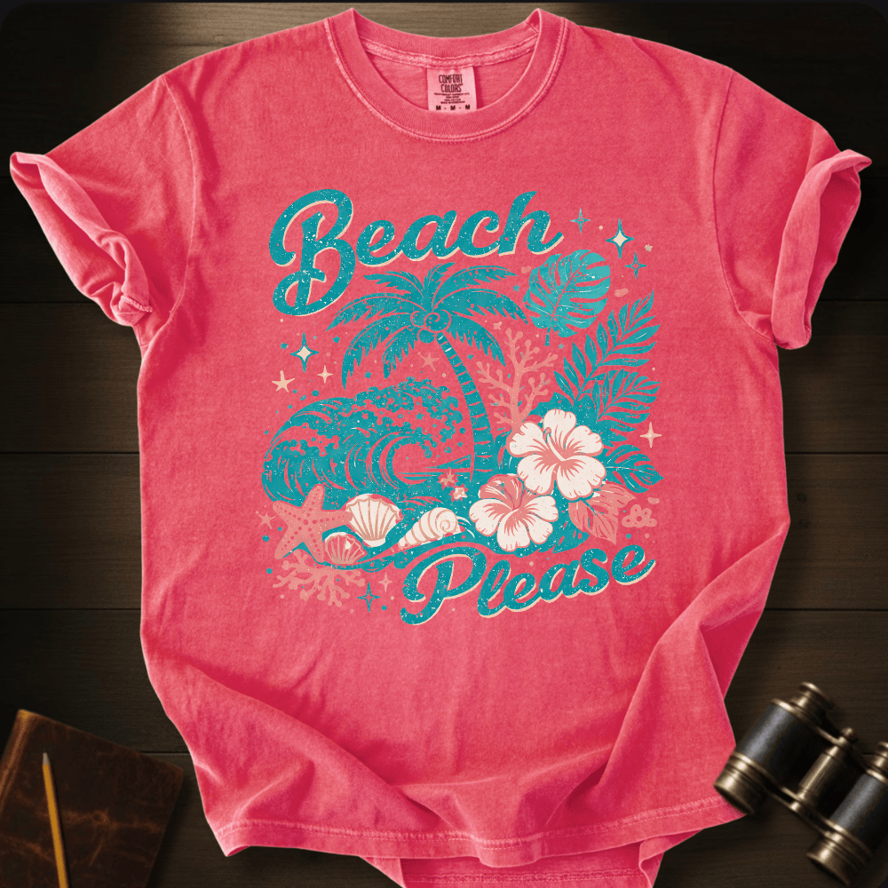 Full Sail Marine Beach Please tropical graphic Comfort Colors t-shirt in Watermelon – palm trees waves hibiscus flowers starfish seashells beach art design – front view