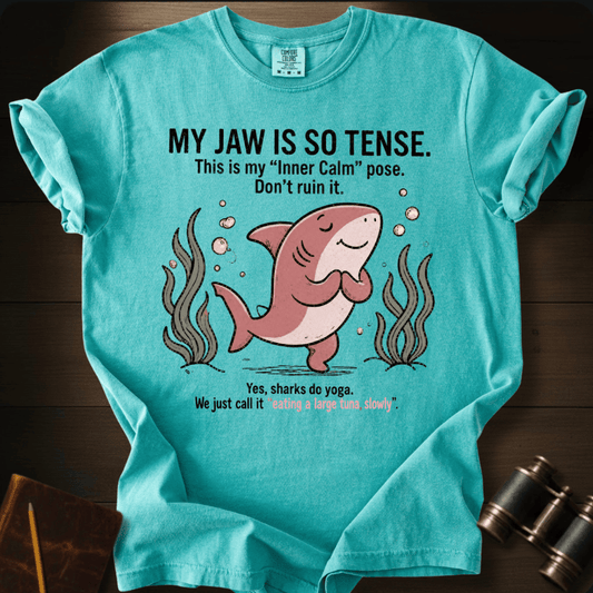 Sharks Do Yoga graphic on a Comfort Colors t-shirt – Full Sail Marine ocean apparel