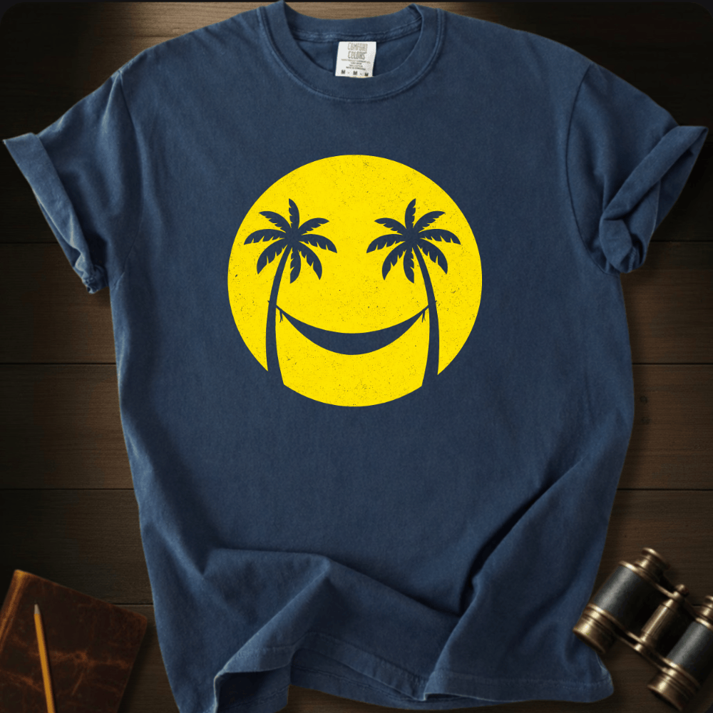 Full Sail Marine Smiley Sun palm tree smiley face graphic Comfort Colors t-shirt in navy blue – happy sunshine tropical design – front view
