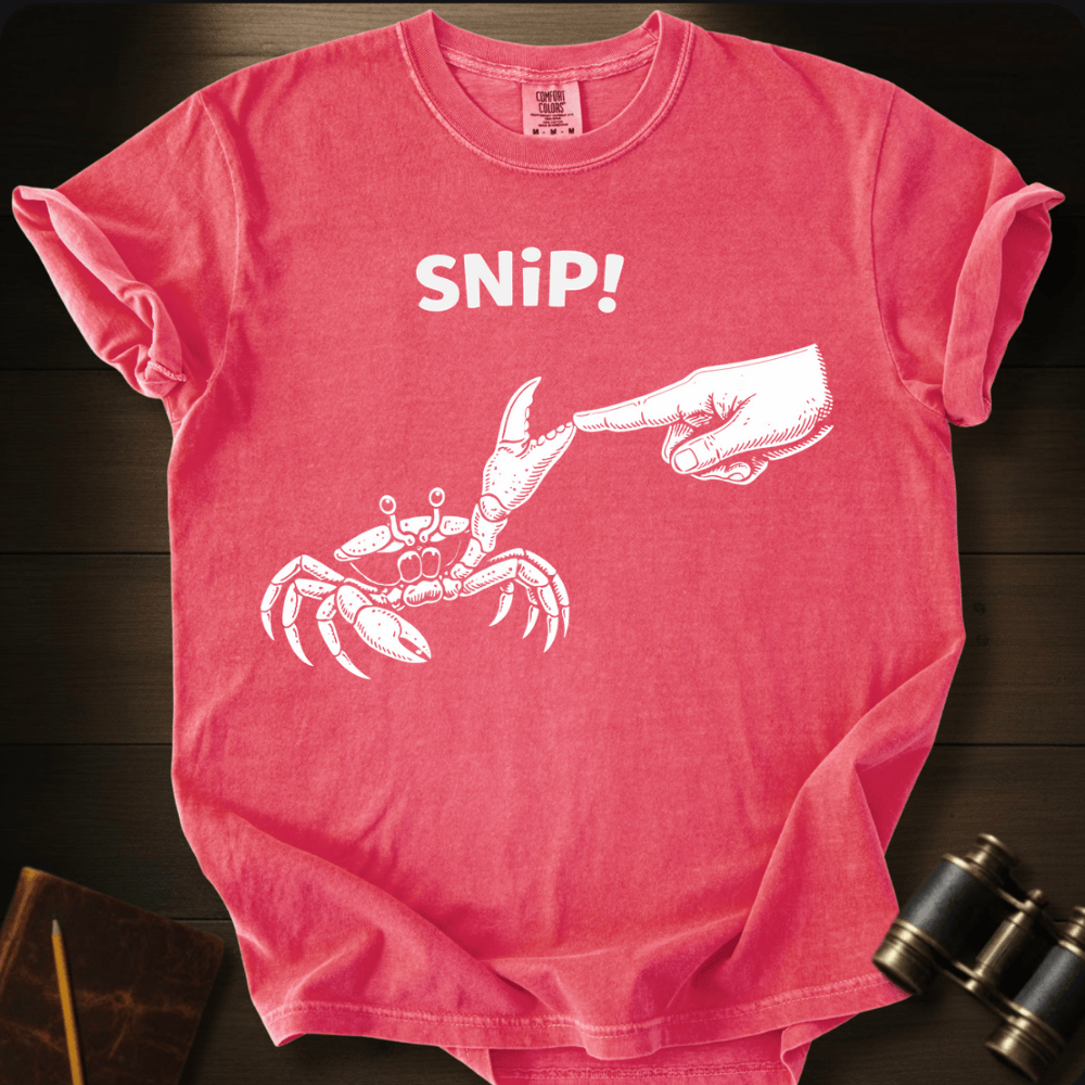 Full Sail Marine Snip! crab and hand graphic Comfort Colors t-shirt in watermelon – white crab claw snipping hand with SNiP text design – front view