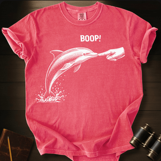 Full Sail Marine Boop! dolphin graphic Comfort Colors t-shirt in watermelon – white dolphin being booped on nose with hand and BOOP text design – front view