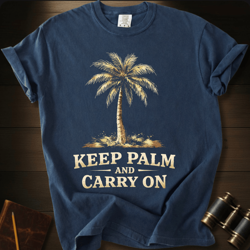 Full Sail Marine Keep Palm and Carry On vintage palm tree graphic Comfort Colors t-shirt in blue jean – tropical beach parody design – front view