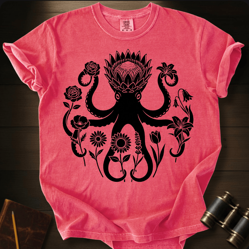 Full Sail Marine Wild Bloom Kraken floral octopus graphic Comfort Colors t-shirt in watermelon – botanical kraken ocean art design – front view