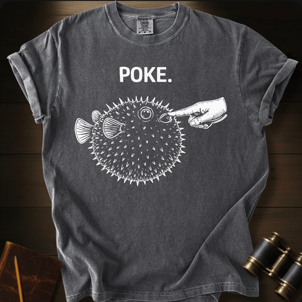Full Sail Marine Poke pufferfish graphic Comfort Colors t-shirt in pepper – white pufferfish being poked by hand with POKE text design – front view