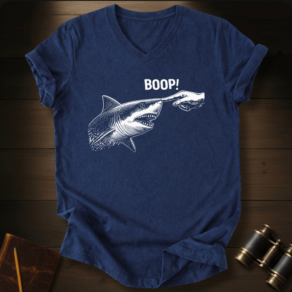 Full Sail Marine Boop shark nose touch graphic Comfort Colors v-neck t-shirt in navy blue – great white shark booping finger ocean art funny design – front view
