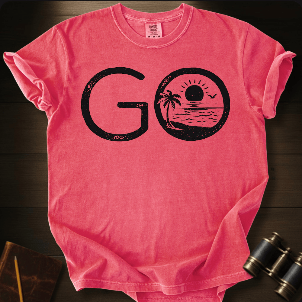 Full Sail Marine Go! tropical beach palm tree graphic Comfort Colors t-shirt in bright salmon – GO text with sunset ocean scene – front view