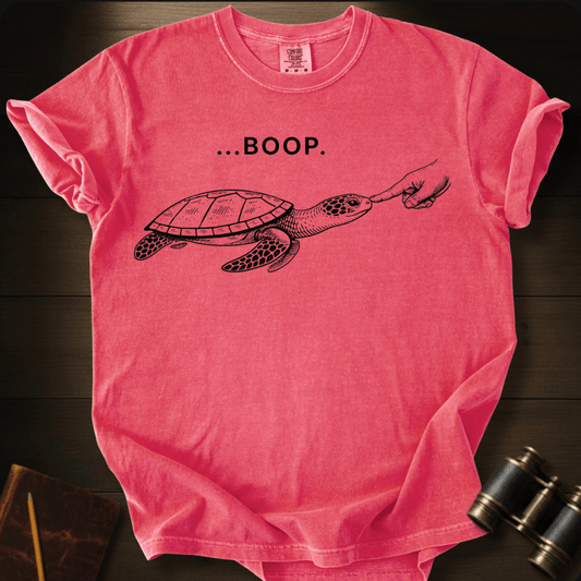 Full Sail Marine Turtle Boop sea turtle graphic Comfort Colors t-shirt in watermelon – cute sea turtle reaching flipper with BOOP text design – front view