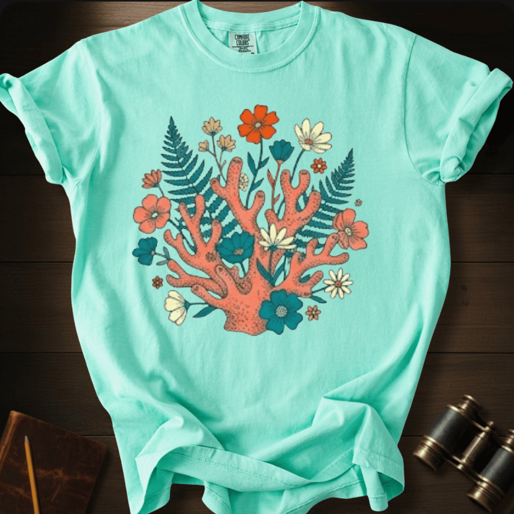 Full Sail Marine Ocean Garden coral reef and wildflower graphic Comfort Colors t-shirt in island reef – botanical ocean art design – front view