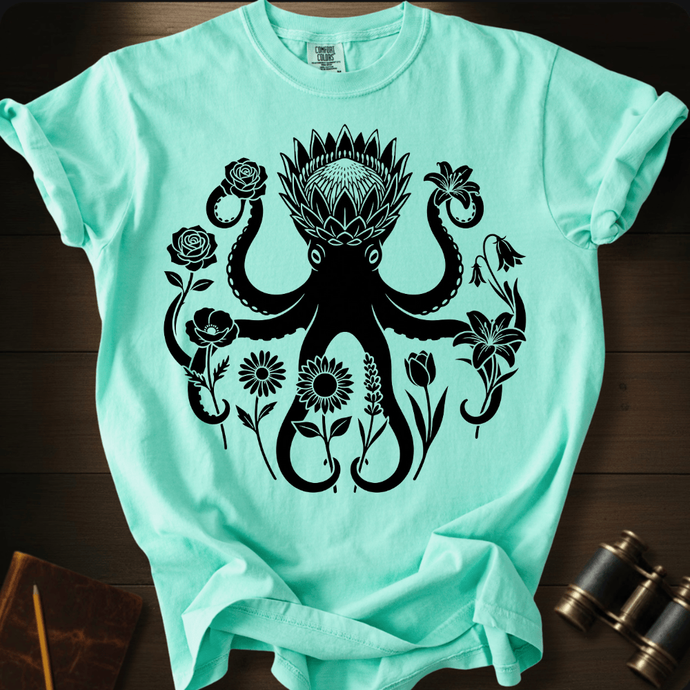 Full Sail Marine Wild Bloom Kraken floral octopus graphic Comfort Colors t-shirt in island reef – botanical kraken ocean art design – front view