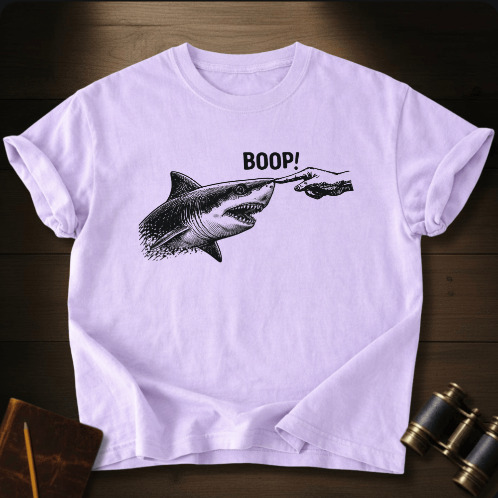 Full Sail Marine Boop shark nose touch graphic Comfort Colors women's boxy tee in white – great white shark booping finger ocean art funny design – front view