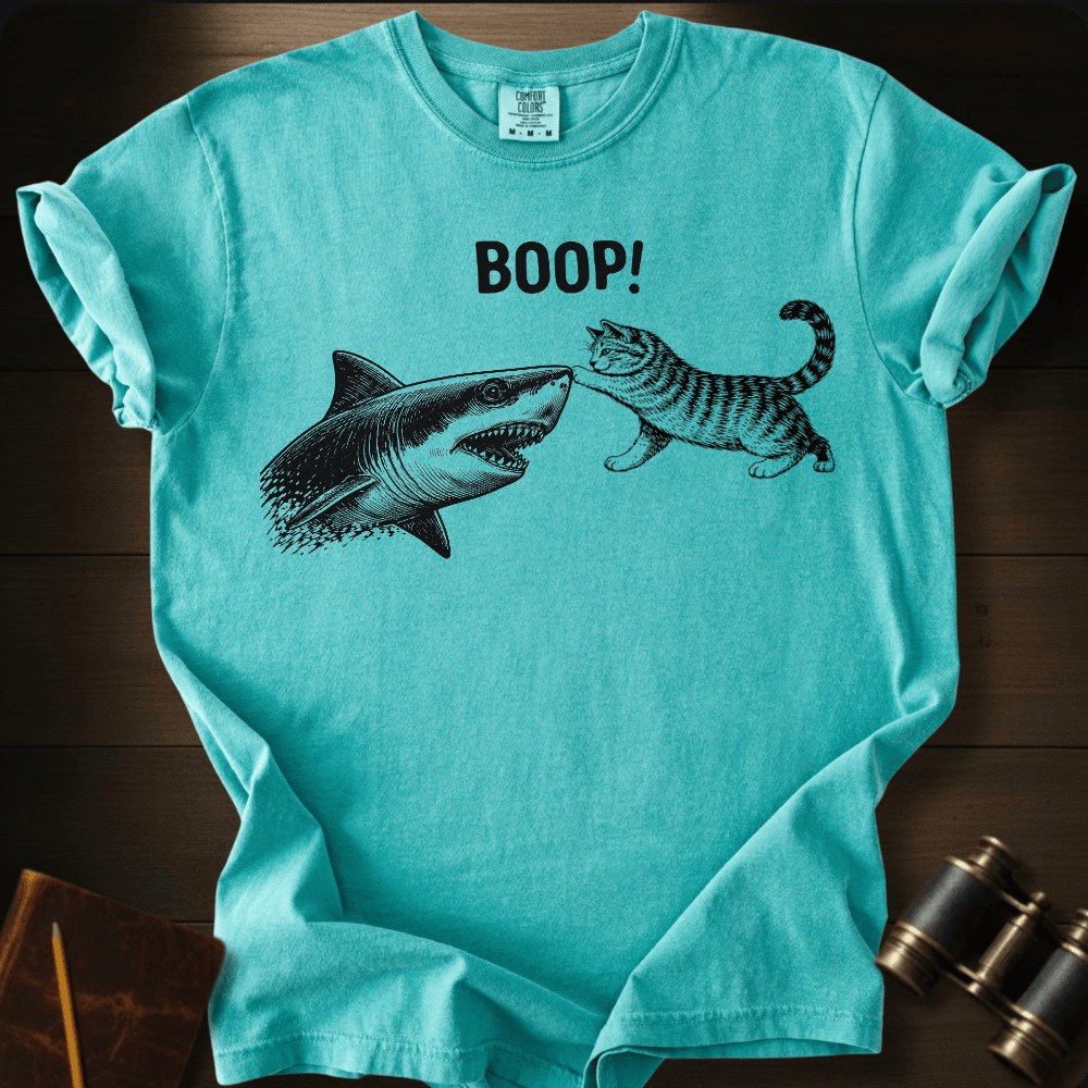 Full Sail Marine Cat Boop shark graphic Comfort Colors t-shirt in seafoam – cat booping great white shark nose – front view