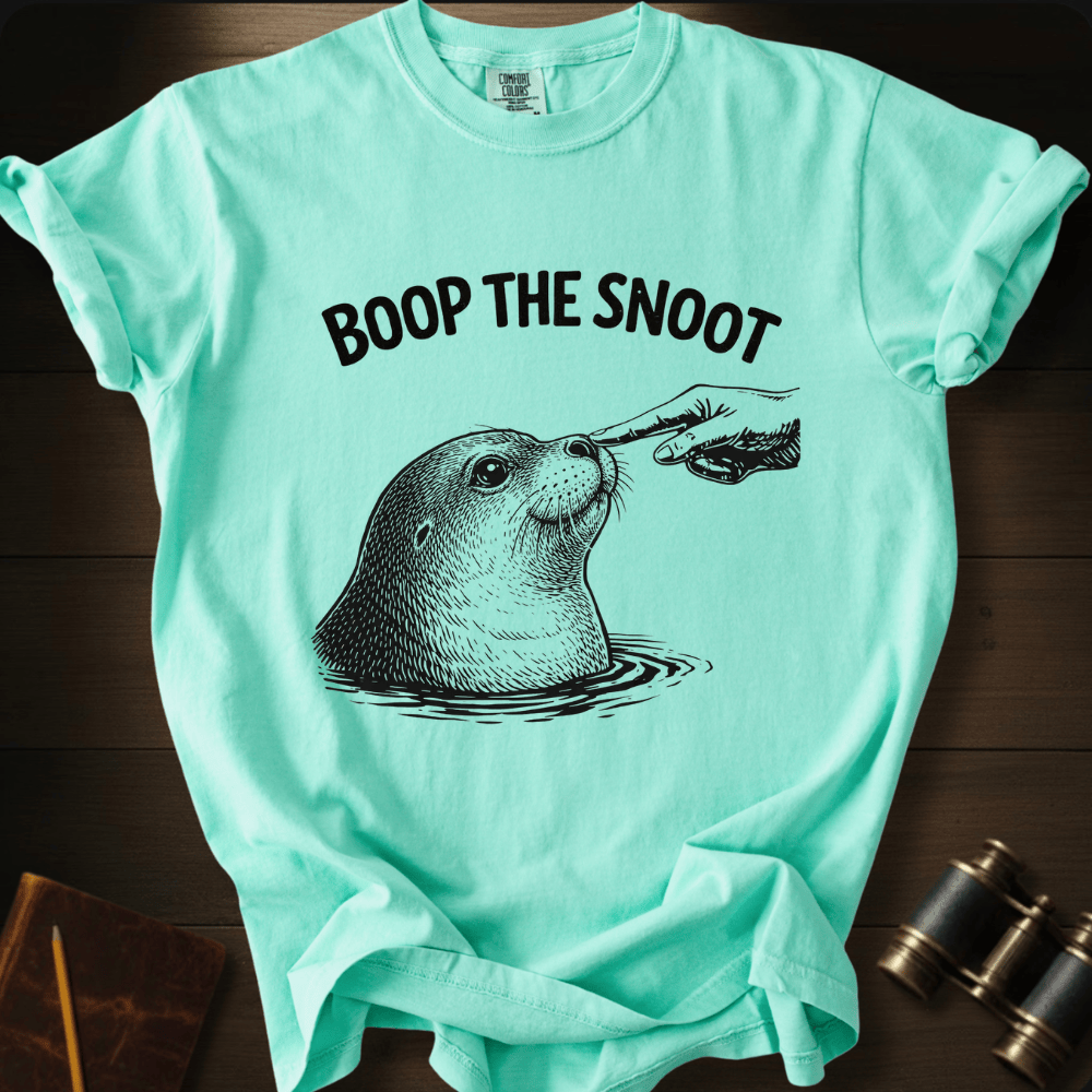 Full Sail Marine Boop the Snoot seal graphic Comfort Colors t-shirt in island reef mint – navy seal being booped on nose by hand with BOOP THE SNOOT text design – front view