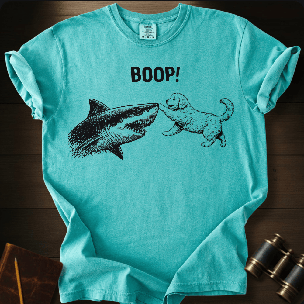 Full Sail Marine Puppy Boop shark graphic Comfort Colors t-shirt in chalky mint – puppy booping great white shark nose – front view