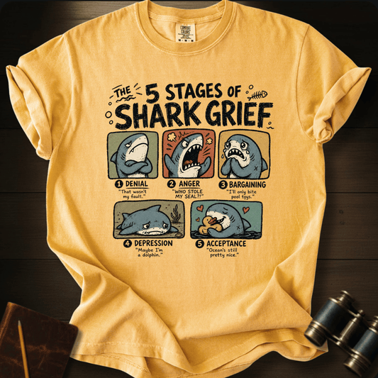 5 Stages of Grief shark humor graphic on a Comfort Colors t-shirt – Full Sail Marine ocean apparel