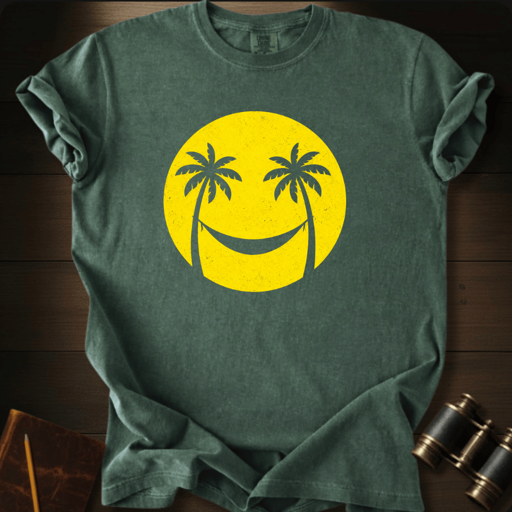 Full Sail Marine Smiley Sun palm tree smiley face graphic Comfort Colors t-shirt in hemp green – happy sunshine tropical design – front view