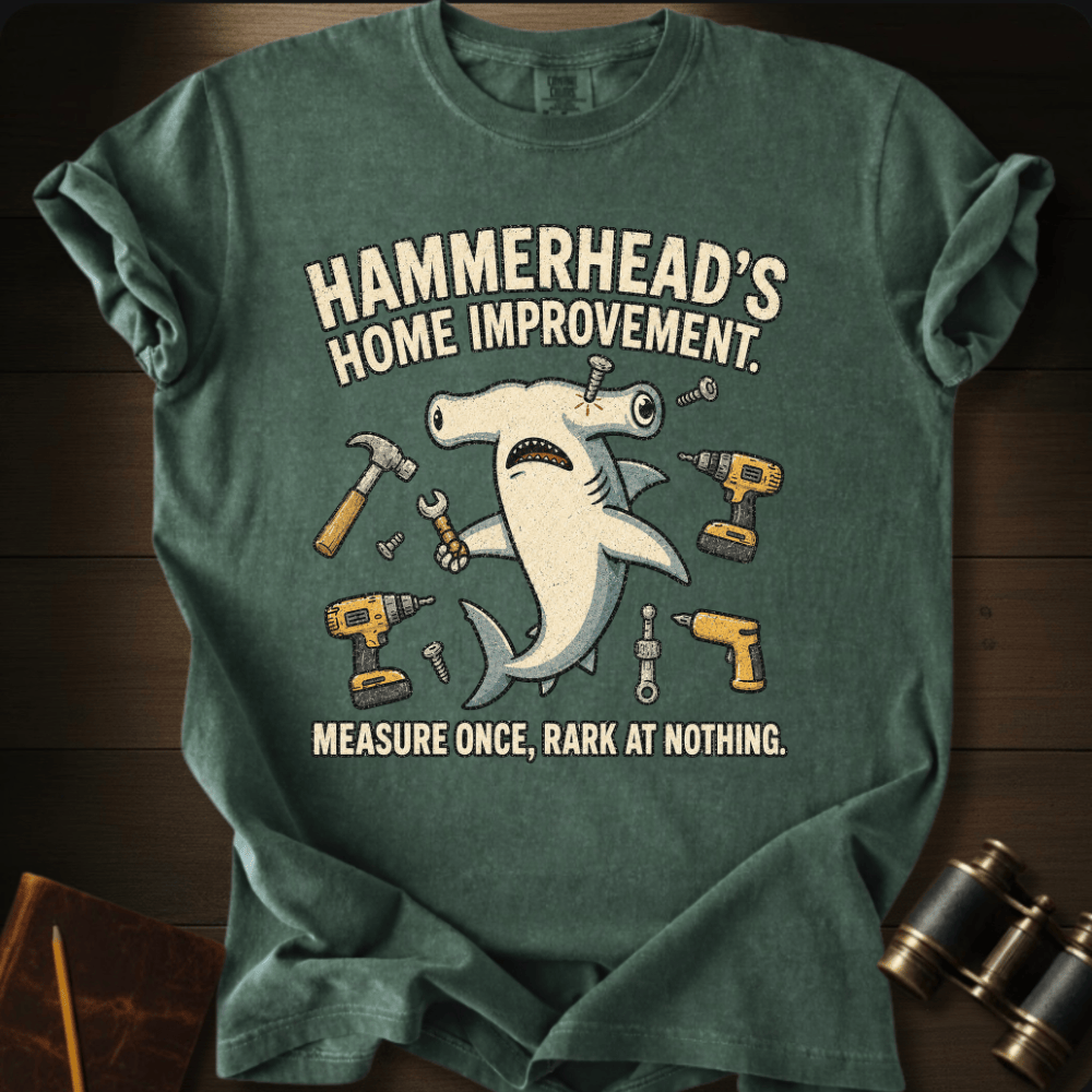 Home Improvement shark humor graphic on a Comfort Colors t-shirt – Full Sail Marine ocean apparel