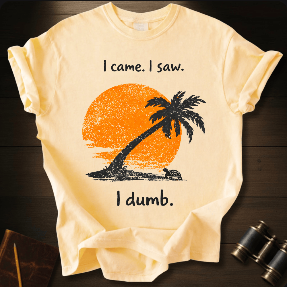 Full Sail Marine I Came I Saw I Dumb sunset palm tree graphic Comfort Colors t-shirt in Butter – orange sun with palm tree silhouette beach scene funny text design – front view