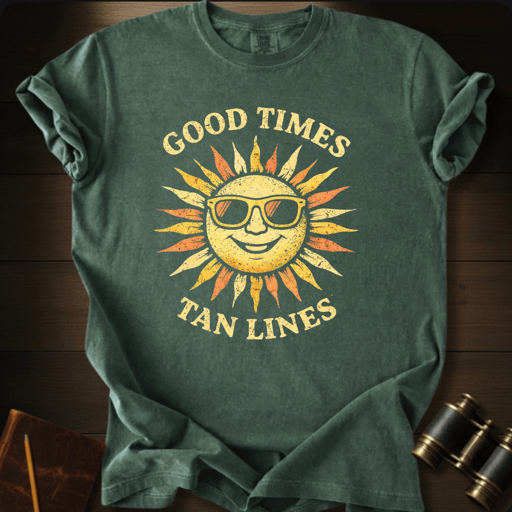 Full Sail Marine Good Times Tan Lines sun with sunglasses graphic Comfort Colors t-shirt in moss green – retro smiling sun wearing shades with Good Times Tan Lines text design – front view