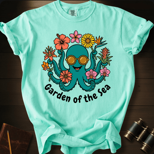 Full Sail Marine Garden of the Sea colorful octopus with sunglasses and flowers graphic Comfort Colors t-shirt in island reef – tropical ocean art design – front view
