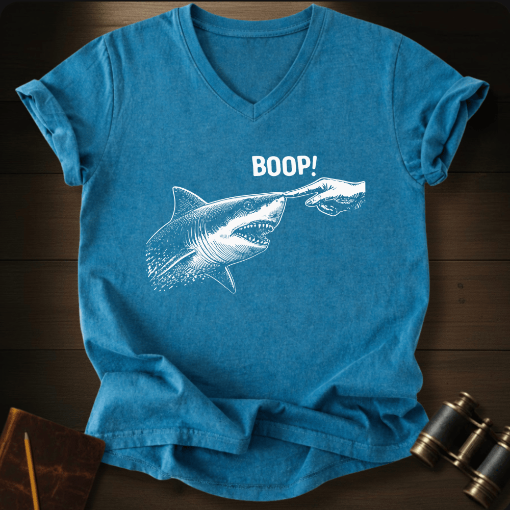 Full Sail Marine Boop shark nose touch graphic Comfort Colors v-neck t-shirt in blue – great white shark booping finger ocean art funny design – front view