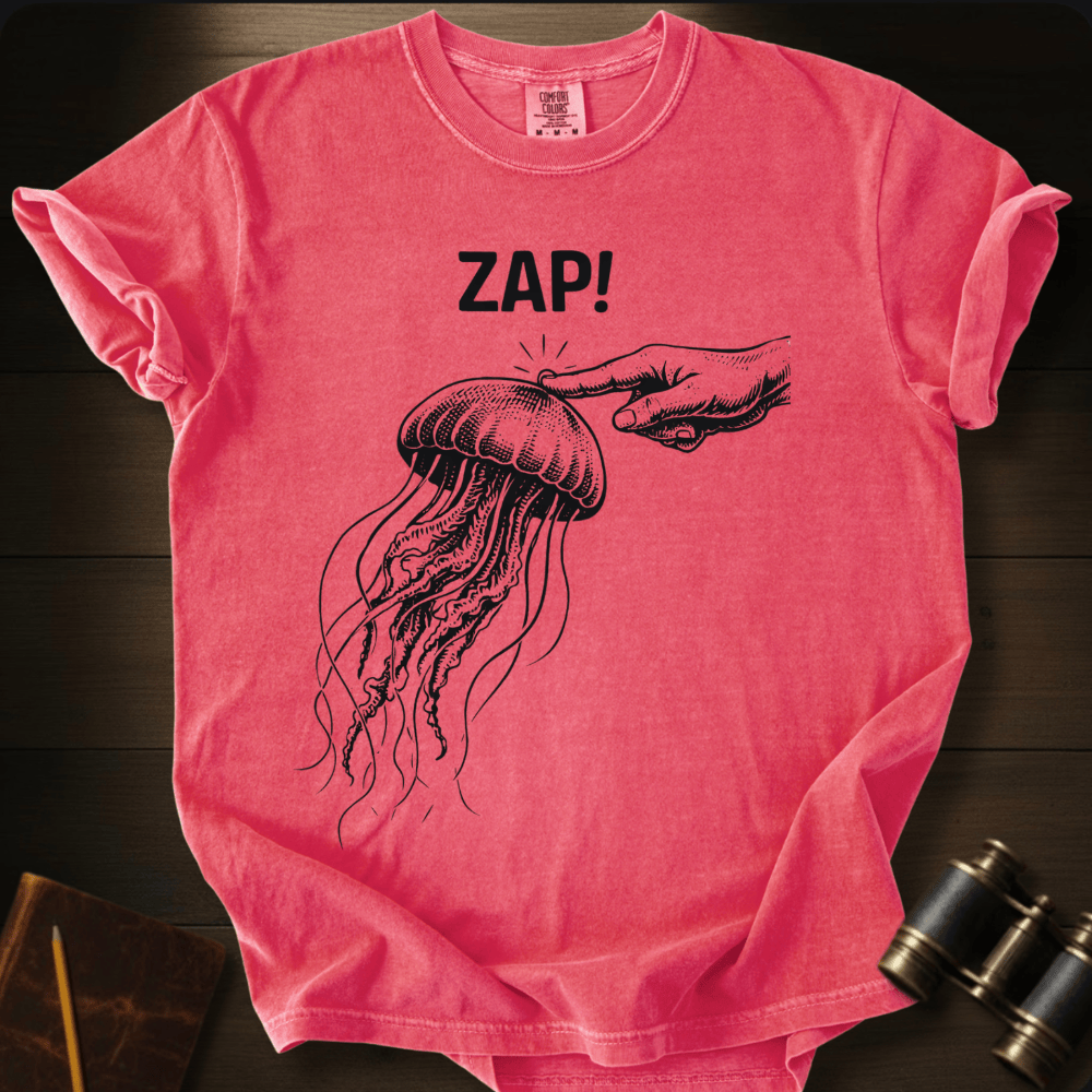 Full Sail Marine Zap! jellyfish graphic Comfort Colors t-shirt in watermelon pink – navy jellyfish being touched by hand with ZAP text design – front view
